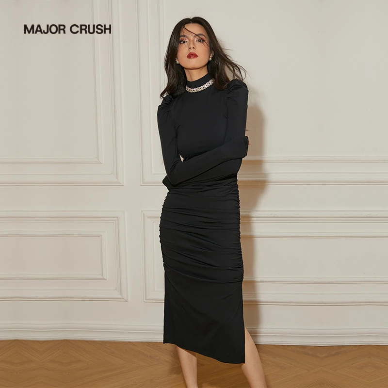 MAJOR CRUSH新款黑色开叉连衣裙显瘦黑色修身名媛连衣裙4694