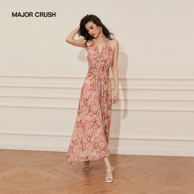 MAJOR CRUSH新款早秋落日花园气质长款性感印花斜裁连衣裙6222