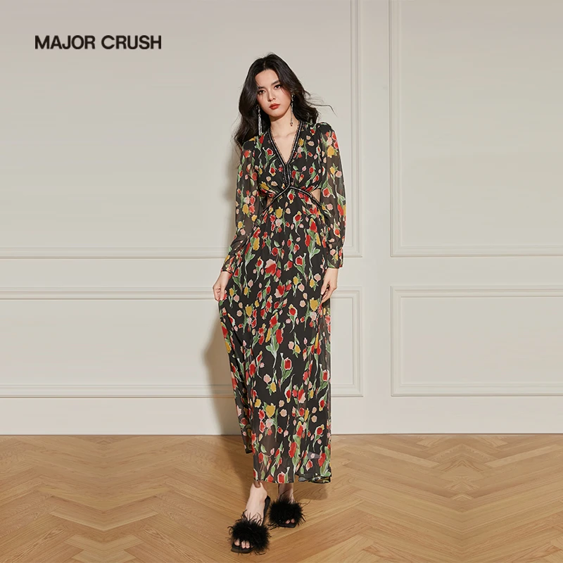 MAJOR CRUSH新款宽松优雅气质印花腰两侧镂空设计名媛连衣裙5783