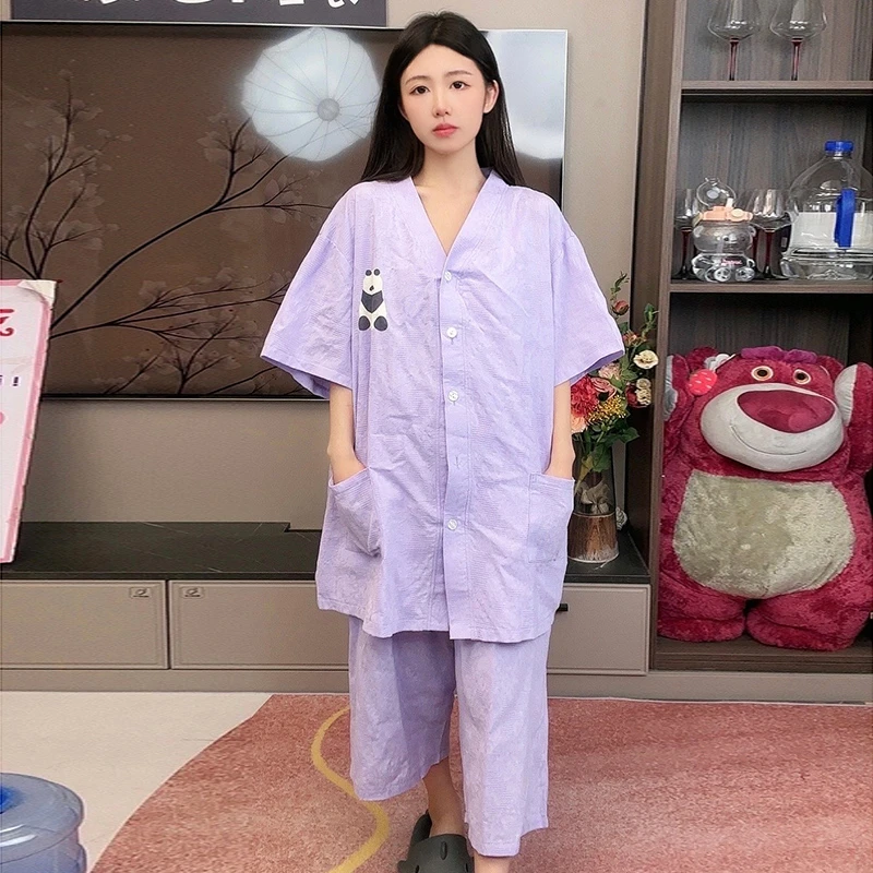 大码纯棉睡衣女款爆款2023新款短袖七分裤卡通印花薄款家居服套装
