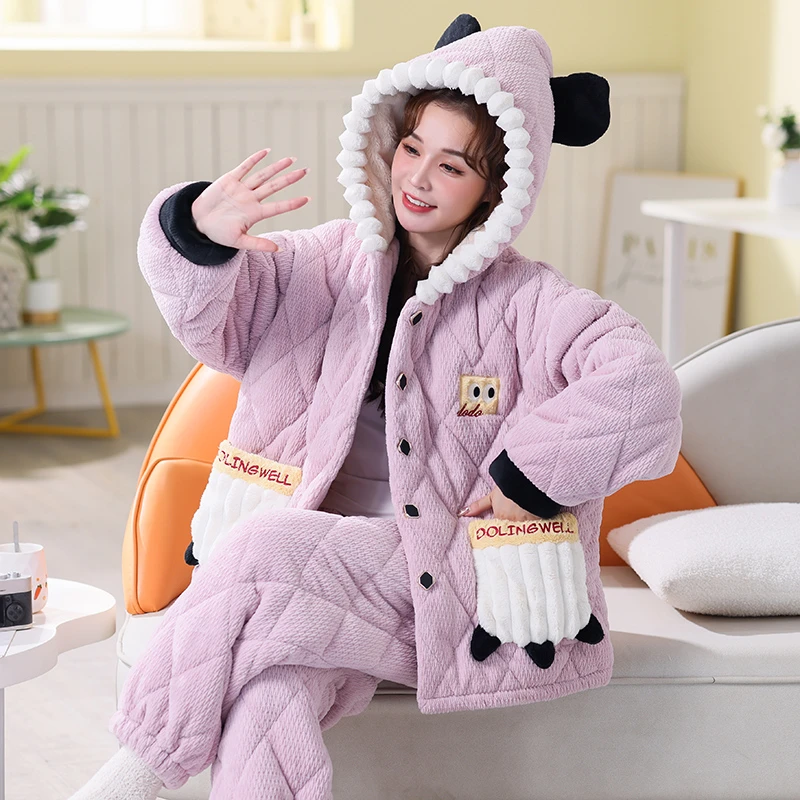 【三层夹棉】秋冬加厚大码小熊睡袍长袖长裤宽松胖mm280斤睡衣套装