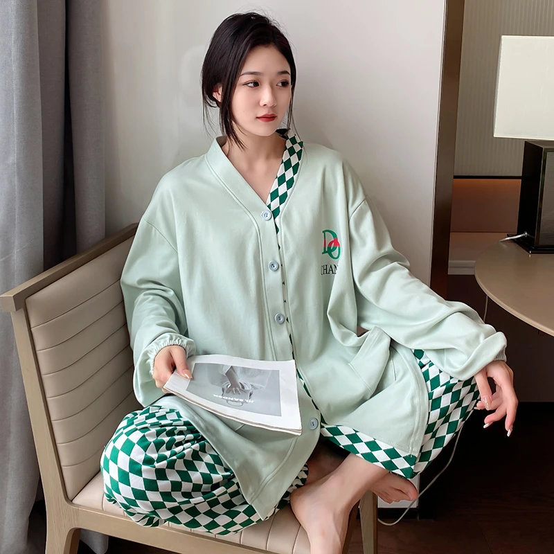 大码纯棉睡衣长袖长裤卡通印花家居服套装春秋女士睡衣休闲两件套