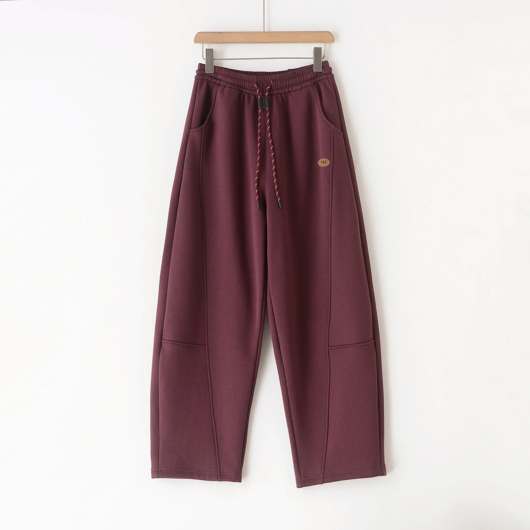 【e*g】现货！高腰纯色加绒休闲拼接抽绳弯刀裤6613加厚