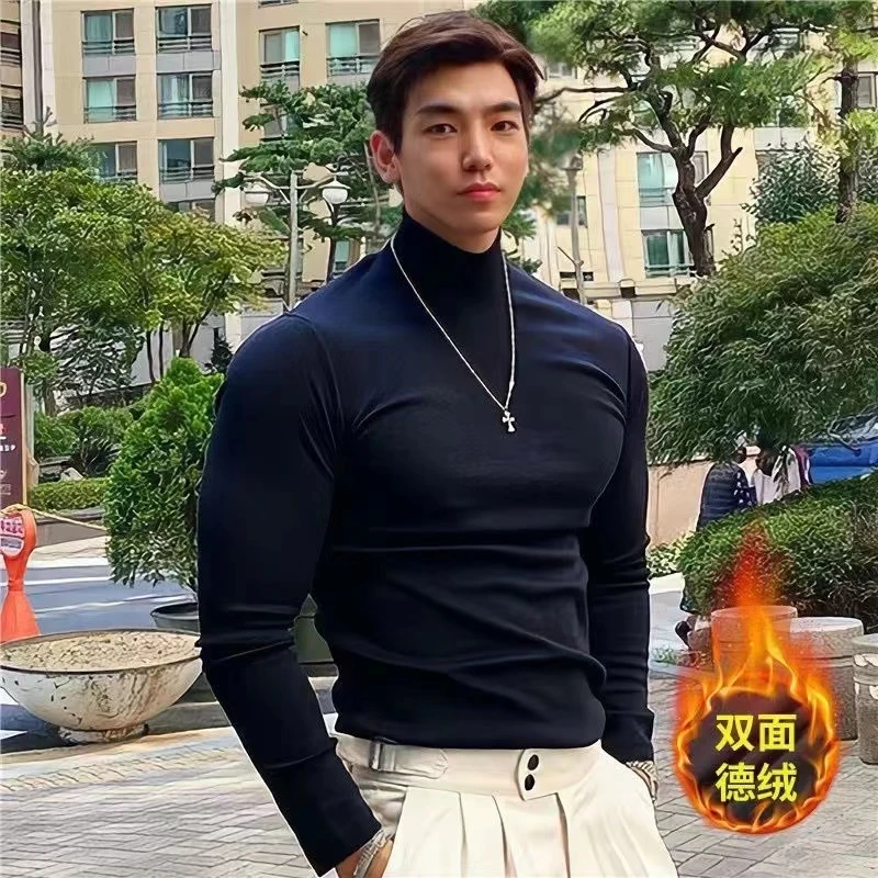 新款运动男T恤秋冬季中高领德绒纯色大码肌肉健身修身保暖打底衫