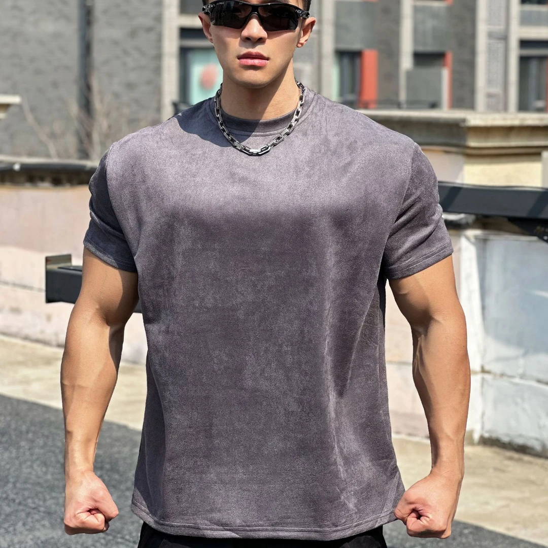 美式重磅麂皮绒运动短袖男夏季户外健身圆领宽松大码休闲时尚上衣