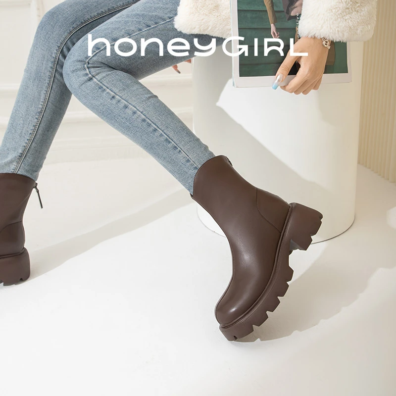 英伦风粗跟短靴子女冬季新款瘦瘦靴厚底弹力牛仔靴中筒时装靴