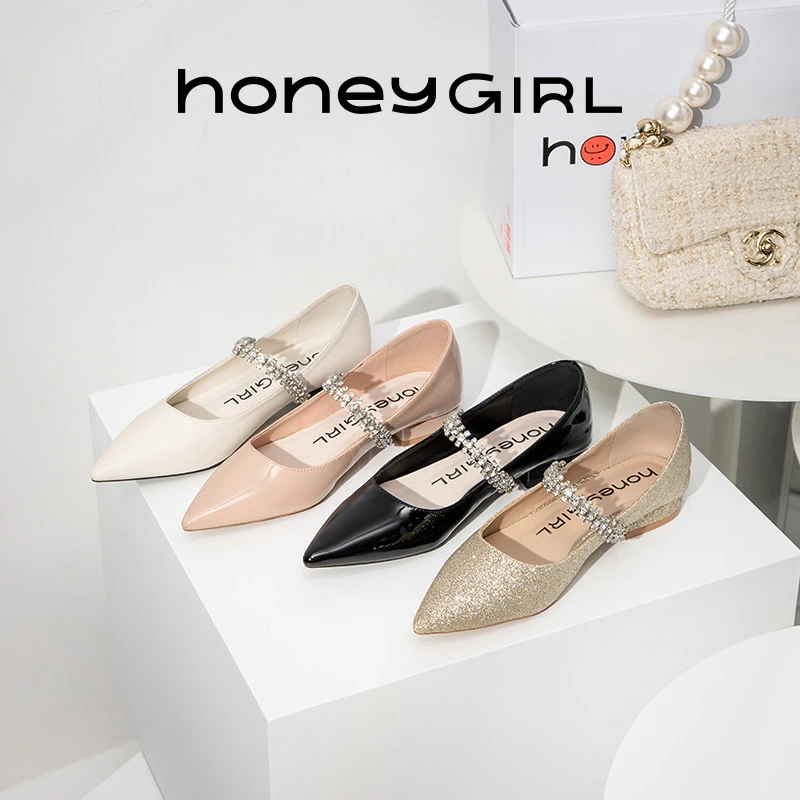honeyGIRL2023新款法式水钻尖头皮鞋女浅口尖头单鞋平底玛丽珍鞋