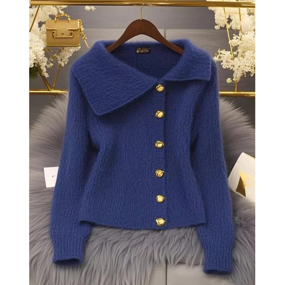 秋季新款慵懒风气质高级时尚毛衣女装小众超好看蓝色宽松针织开衫