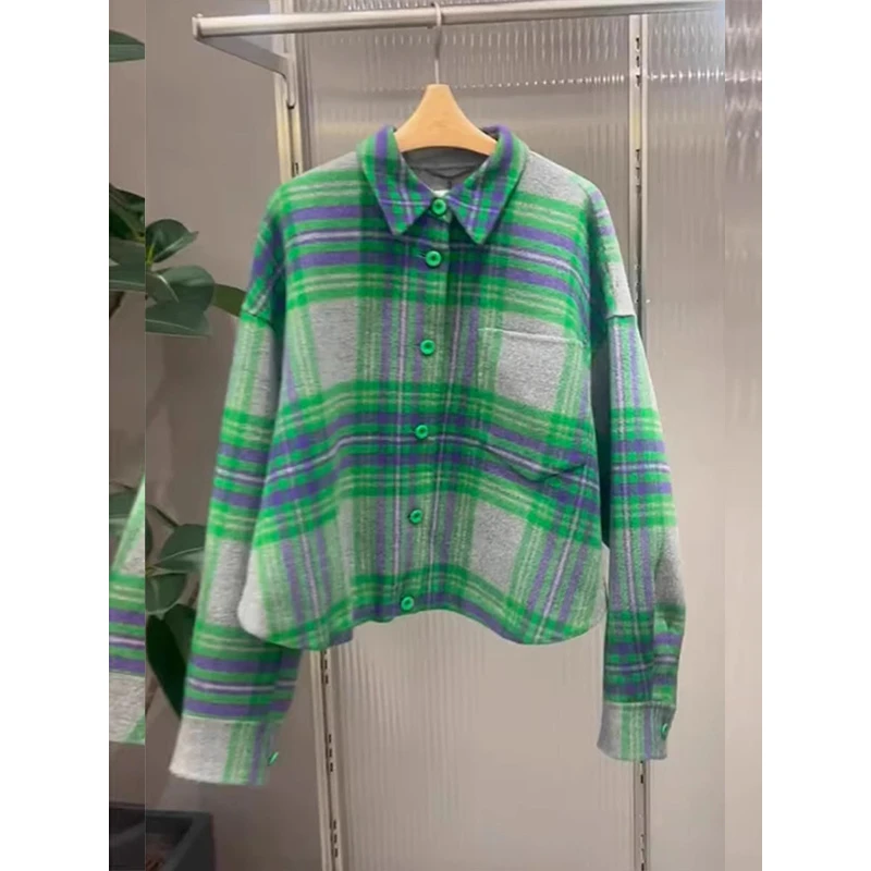 薄荷曼波风格纹衬衫女2025秋季新款宽松显瘦洋气减龄POLO领外套潮