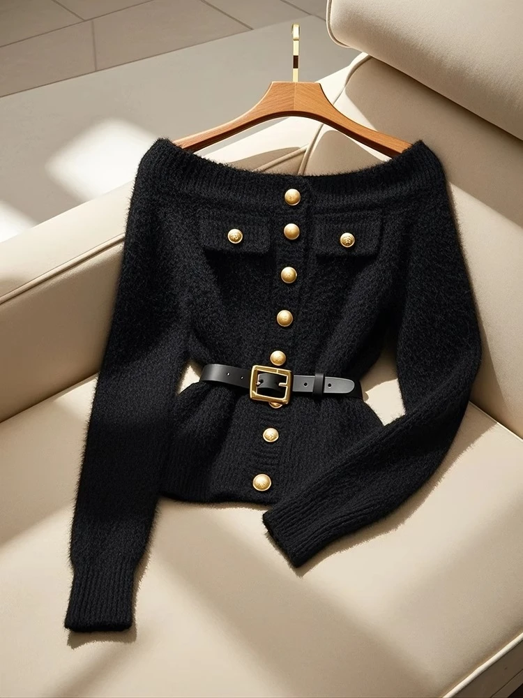 黑色一字肩长袖针织毛衣慵懒高级感秋季女装2024新款早秋chic上衣