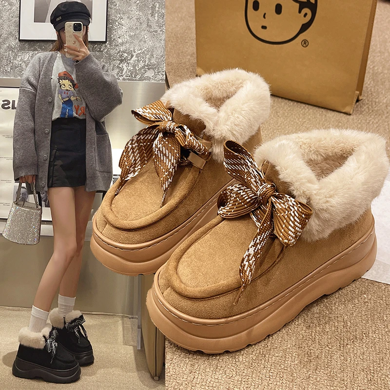 毛毛雪地靴冬季外穿加绒厚底增高防滑保暖百搭棉拖鞋包后跟女款