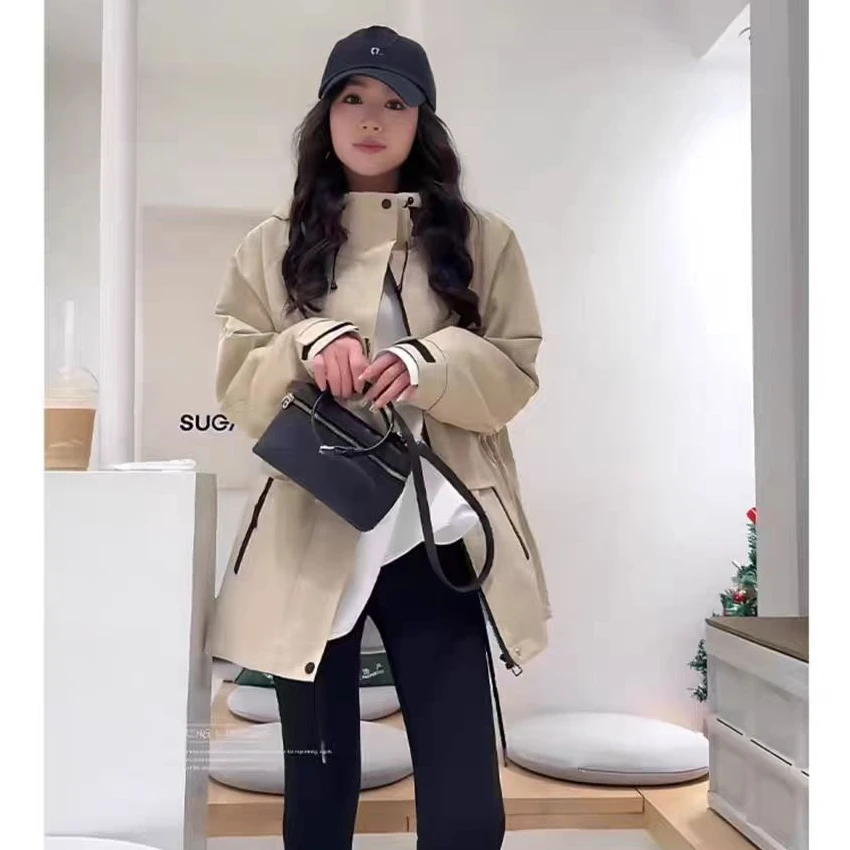 DJYX-002#25年爆款潮流时尚欧韩版收腰设计感休闲连帽风衣外套