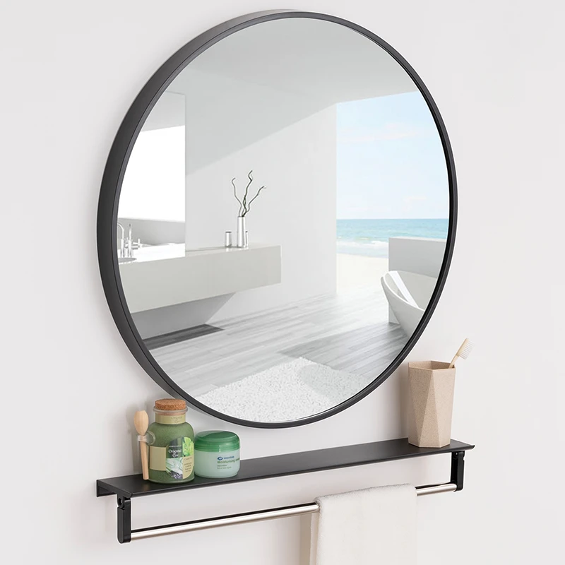 浴室镜子带置物架圆形免打孔卫生间洗手间洗漱台挂墙式贴墙自粘