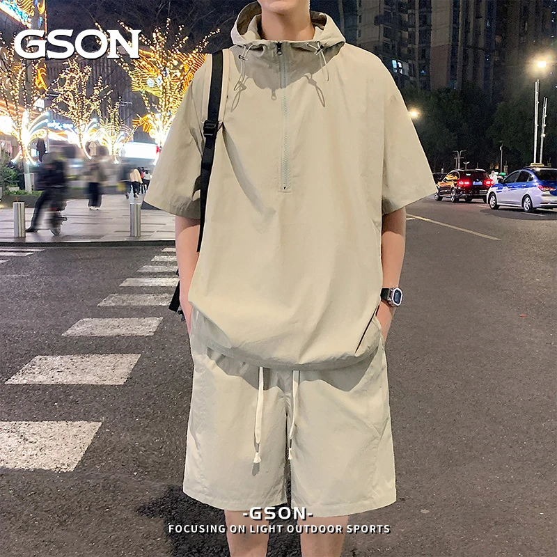 集团品牌GSON工装休闲百搭套装男款夏季韩版连帽套装港风两件套