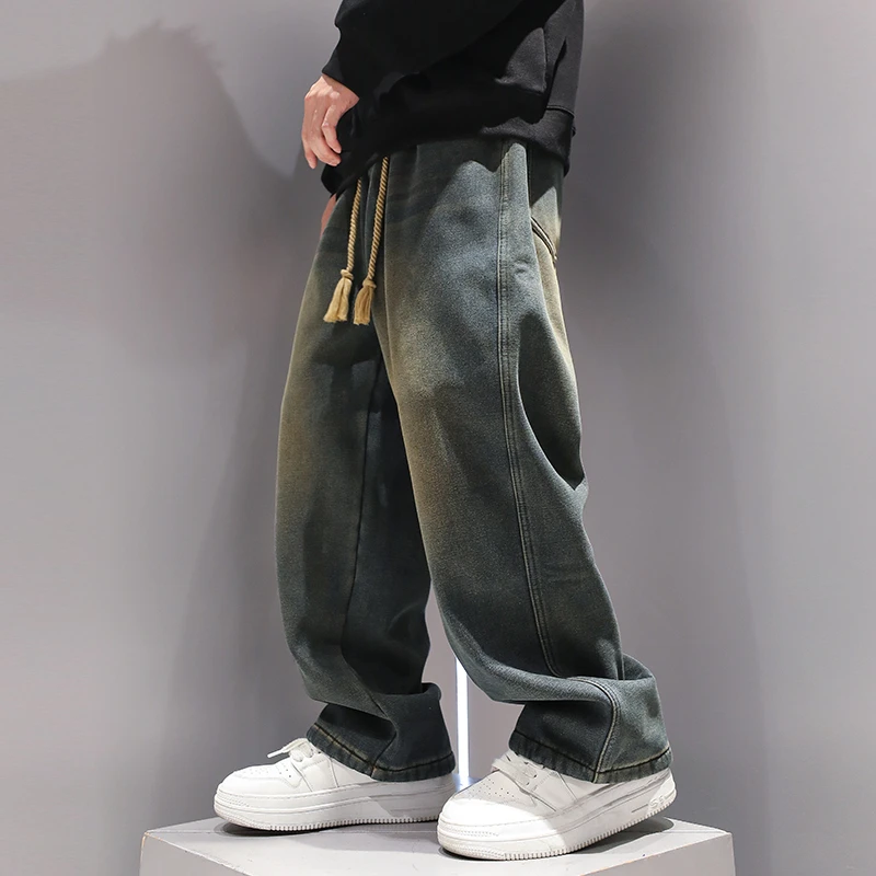 贰十柒美式复古水洗潮流牛仔裤男士冬款保暖阔腿百搭加绒直筒裤子