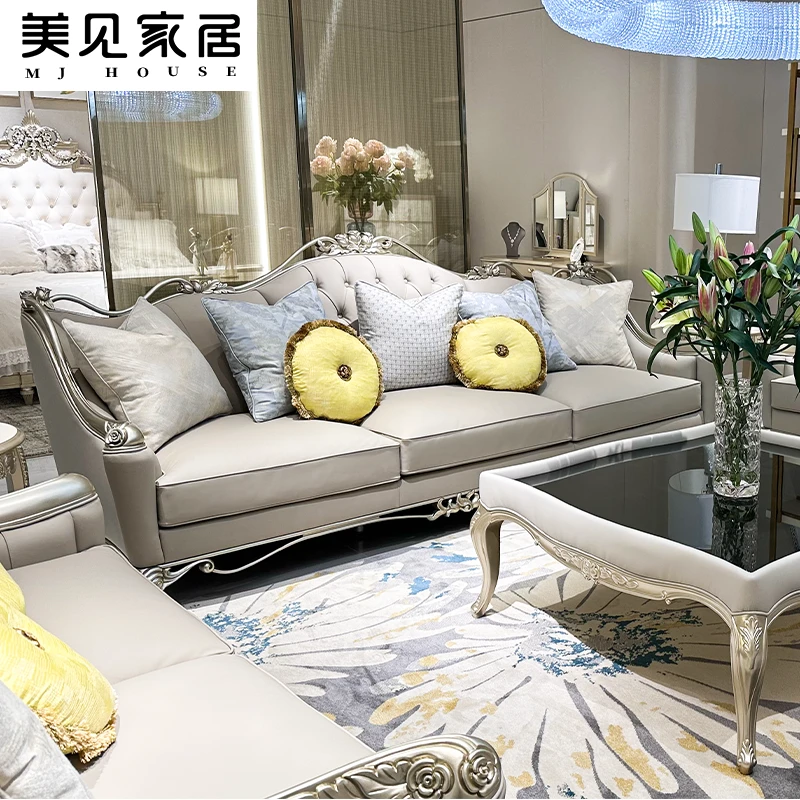 美式法式实木雕刻头层牛皮沙发真皮别墅客厅沙发组合轻奢雕花沙发