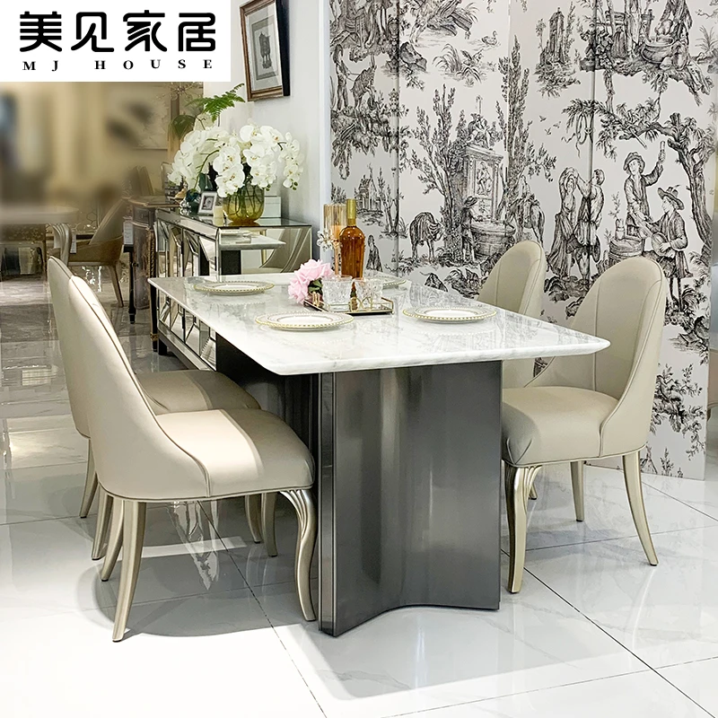 美式轻奢餐桌轻奢现代简约小户型长方形餐厅饭桌大理石餐桌椅组合