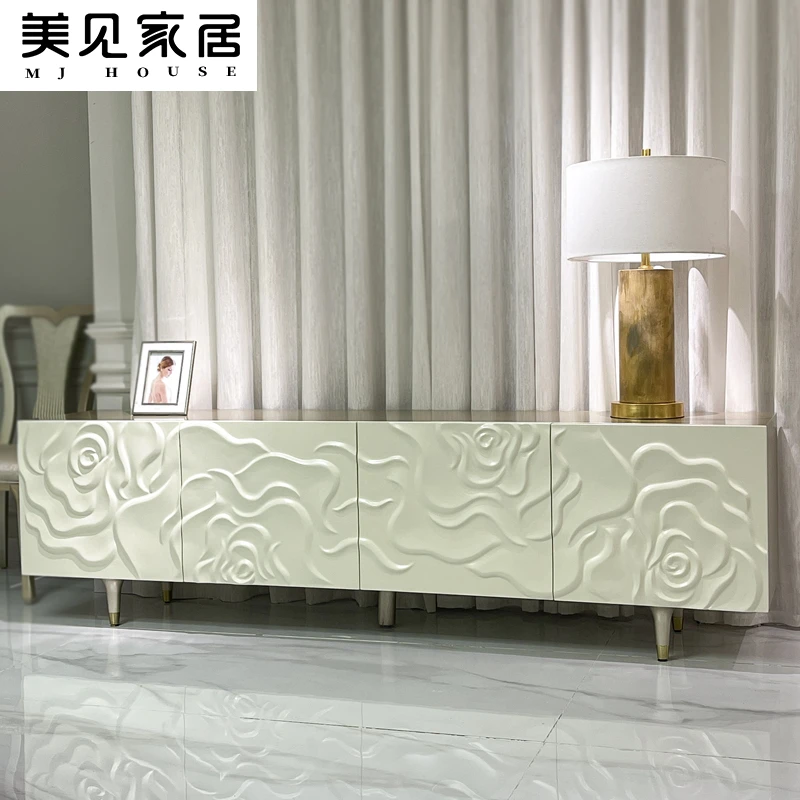 法式轻奢电视柜玫瑰花型简约高端客厅实木地柜收纳储物双开电视柜