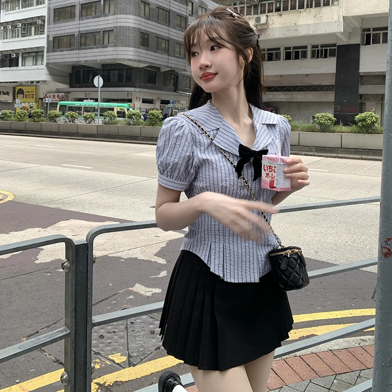 春游会甜美短袖衬衫女夏季2024新款修身衬衣收腰上衣东京岁时记JK