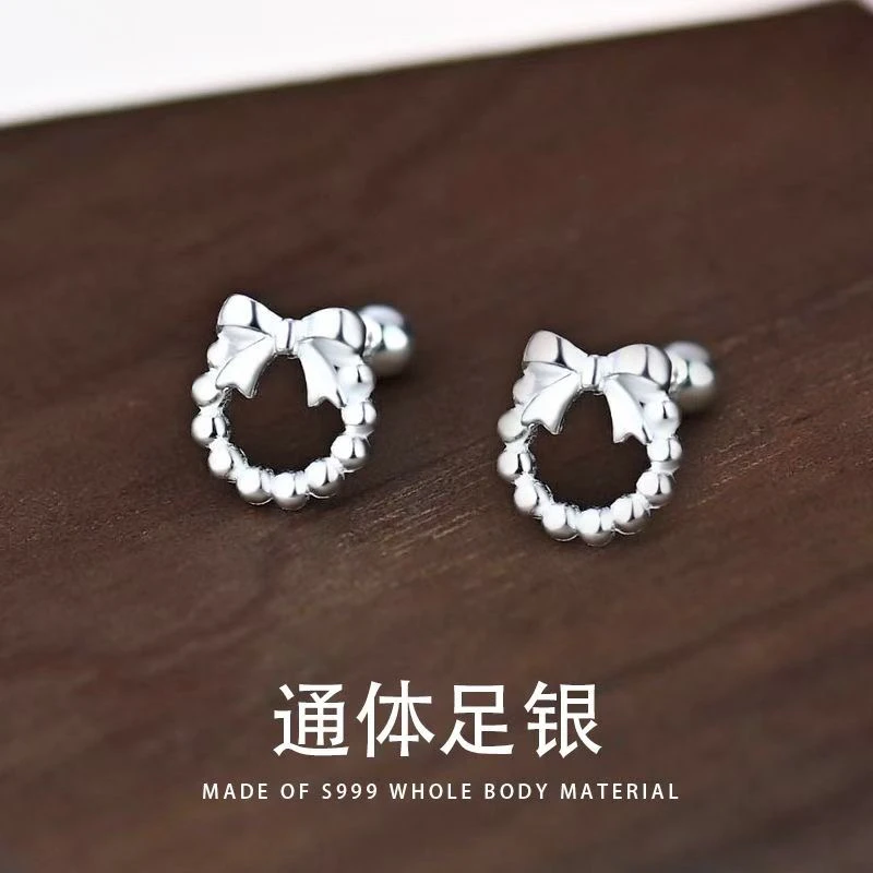 足银耳饰 足银耳饰S999纯银043蝴蝶结耳钉女养耳洞小众甜美耳骨钉