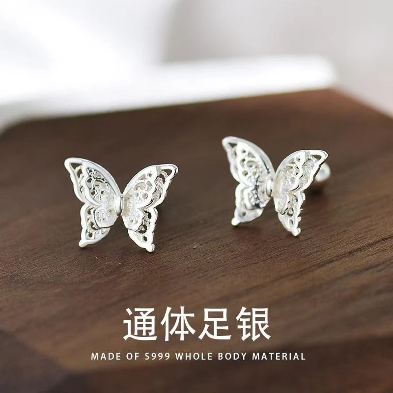 足银耳饰 足银999双层019镂空蝴蝶轻奢养耳洞耳骨钉甜美设计百搭