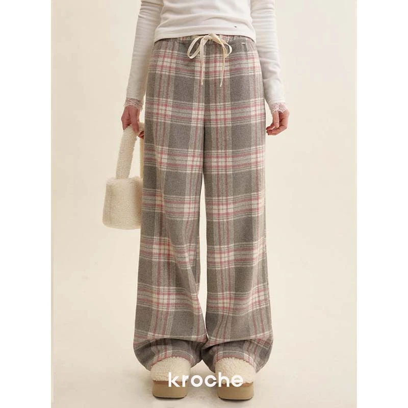 Kroche  洋裁格纹 过冬加绒 蕾丝拼接抽绳宽松直筒加厚休闲裤