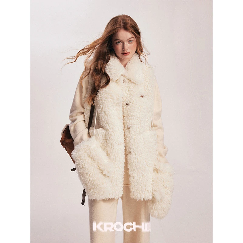 Kroche 宽松休闲马甲背心外穿挂脖毛绒手套两件套女保暖秋冬新款