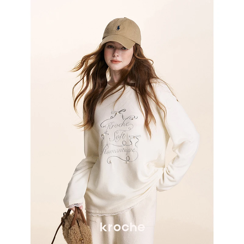 Kroche  Merry Christmas 银线绣 蕾丝拼接圣诞树磨毛长袖t恤