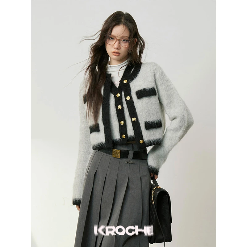 Kroche撞色拼接短款小香风开衫法式外套背心马甲秋冬女外套