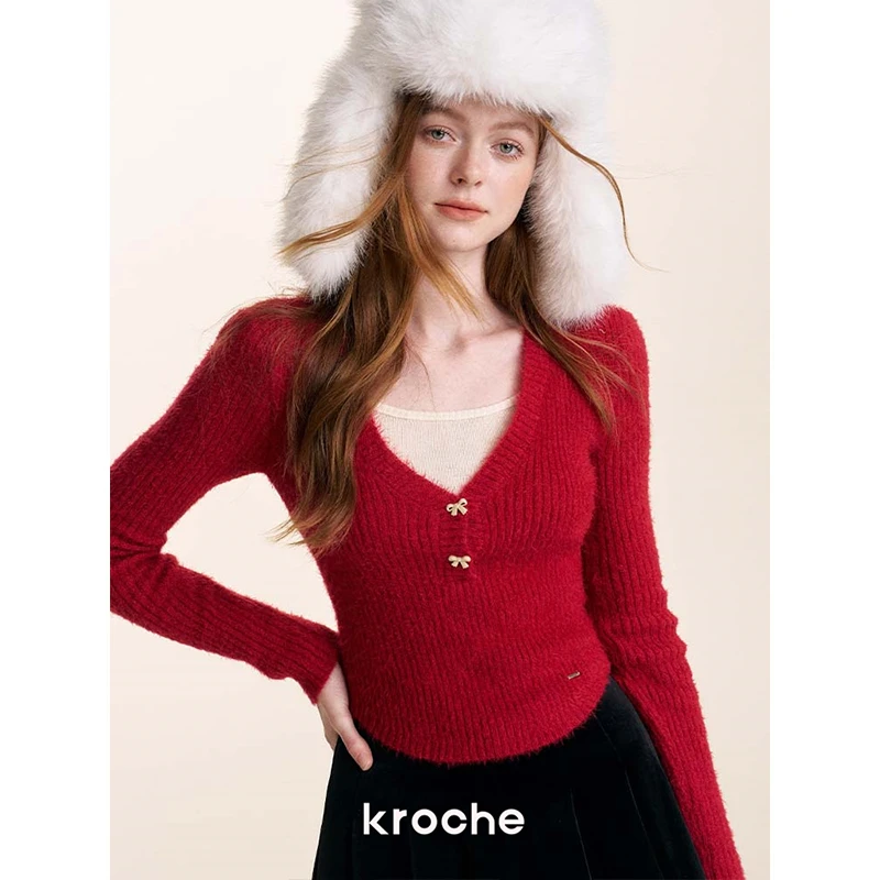 Kroche  绒绒暖意 蝴蝶结短貂绒假两件V领针织打底衫圣诞毛衣