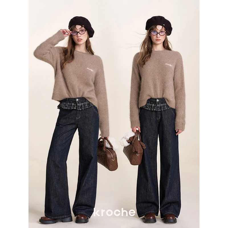 Kroche  浪漫格调 可拆卸格纹花边 拼接直筒牛仔裤