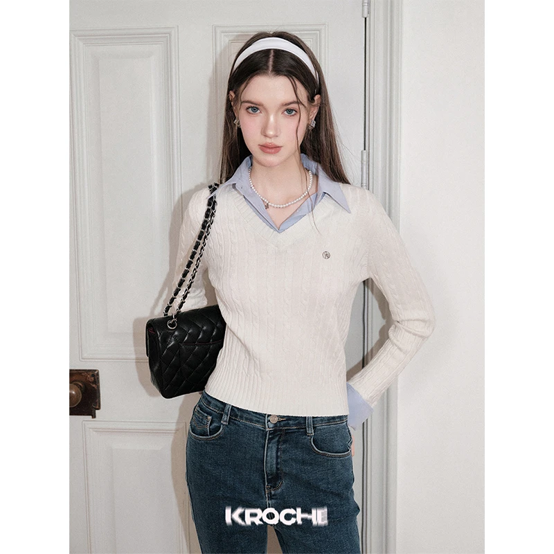 Kroche 慵懒老钱风 假两件 早春绞花肌理套头通勤针织衫