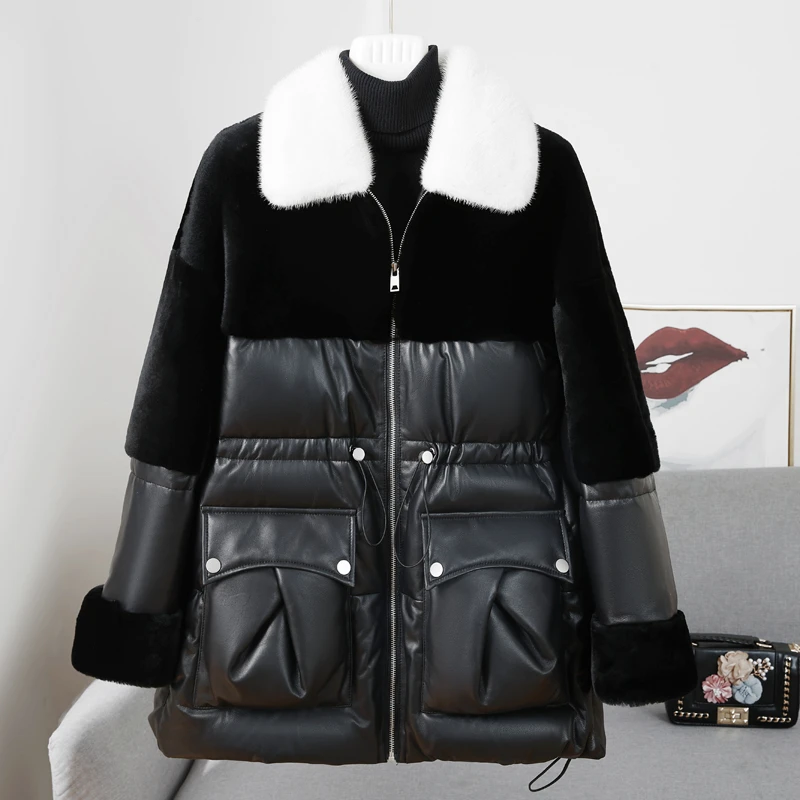 冬季新款2024真皮绵羊皮拼接皮毛一体女装羽绒服水貂毛领中长款