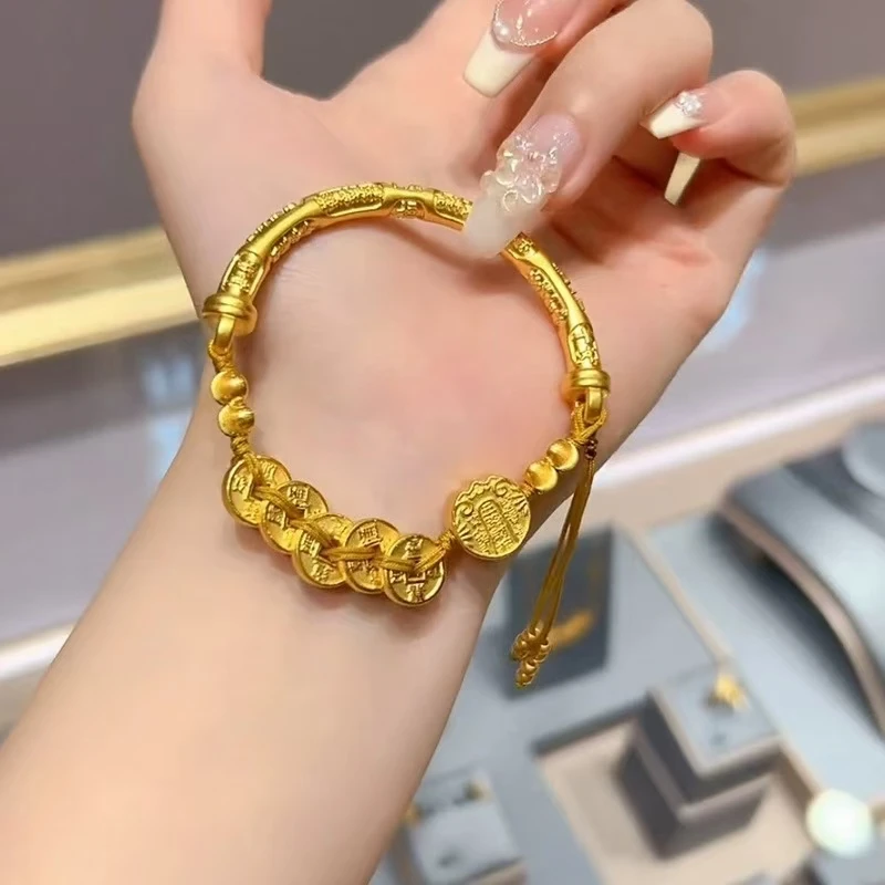 铜合金手链 古法五帝钱币五路财神半镯编绳手链中式复古手串S003