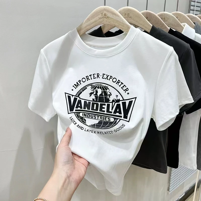 白色正肩短款t恤女短袖夏季2025新款印花半袖修身灰色短款上衣女