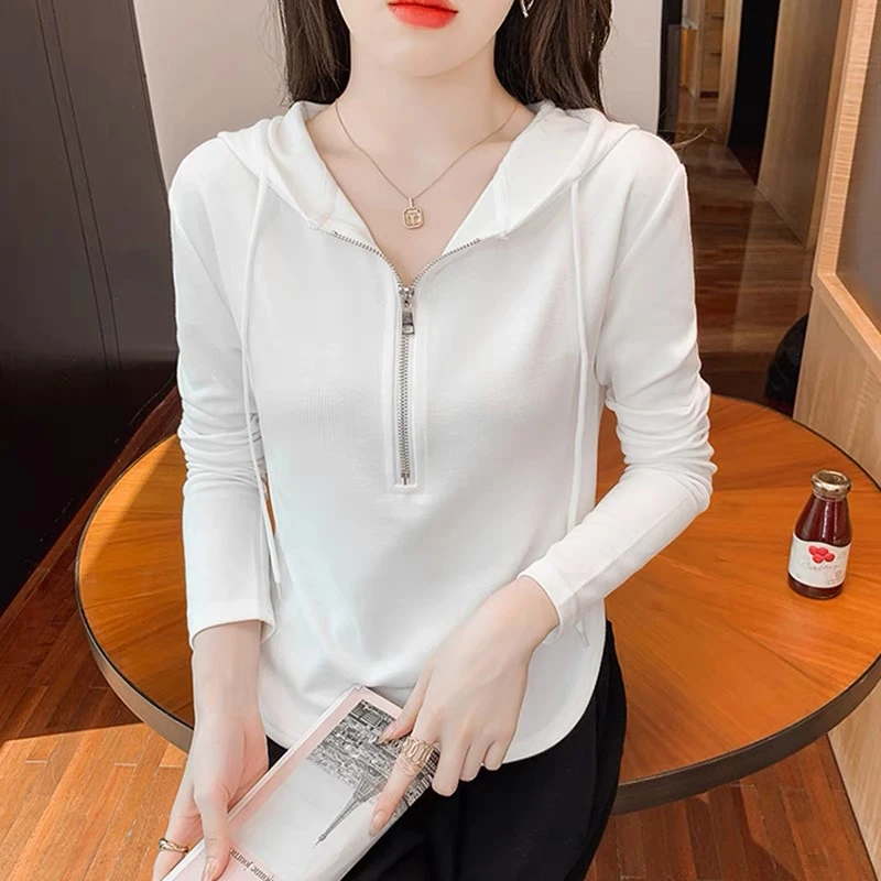 连帽长袖款T恤女2023春秋韩版百搭短款半拉链白黑色修身显痩上衣