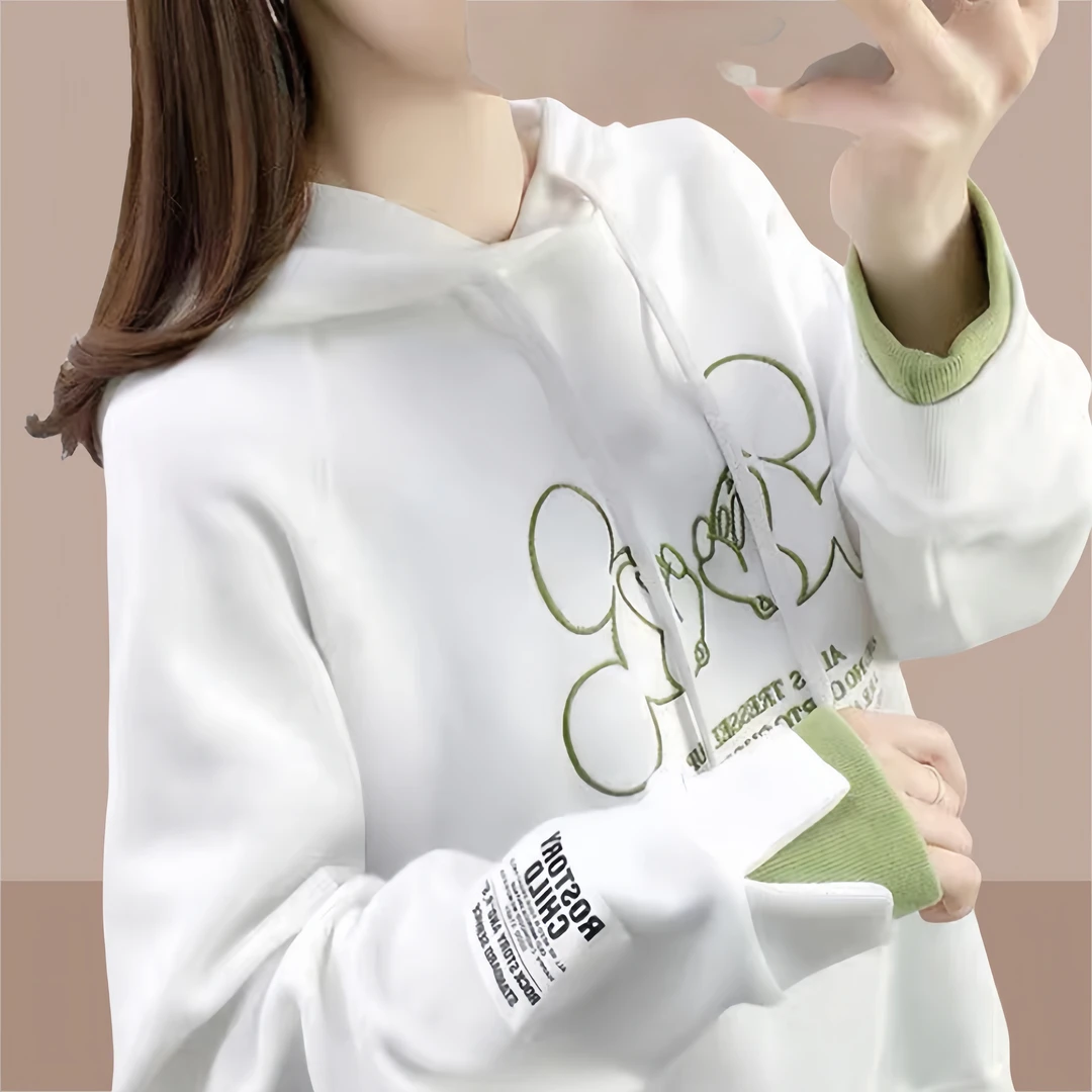 连帽假两件拼接刺绣卫衣女薄春秋韩版宽松学生学院风上衣加绒外套