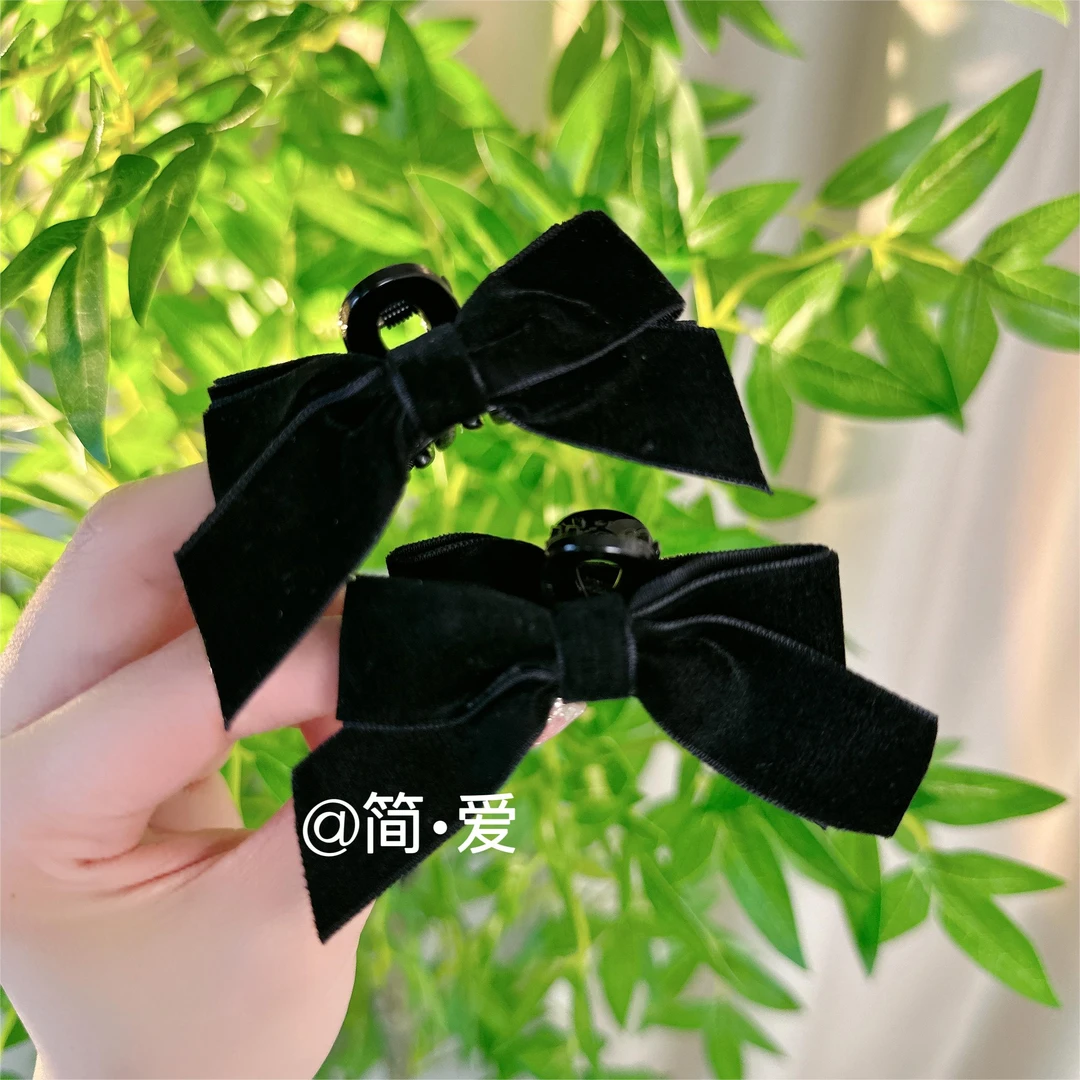 黑色气质蝴蝶结发夹手工优雅可爱高颅顶小抓夹秋冬款丝绒蝴蝶结
