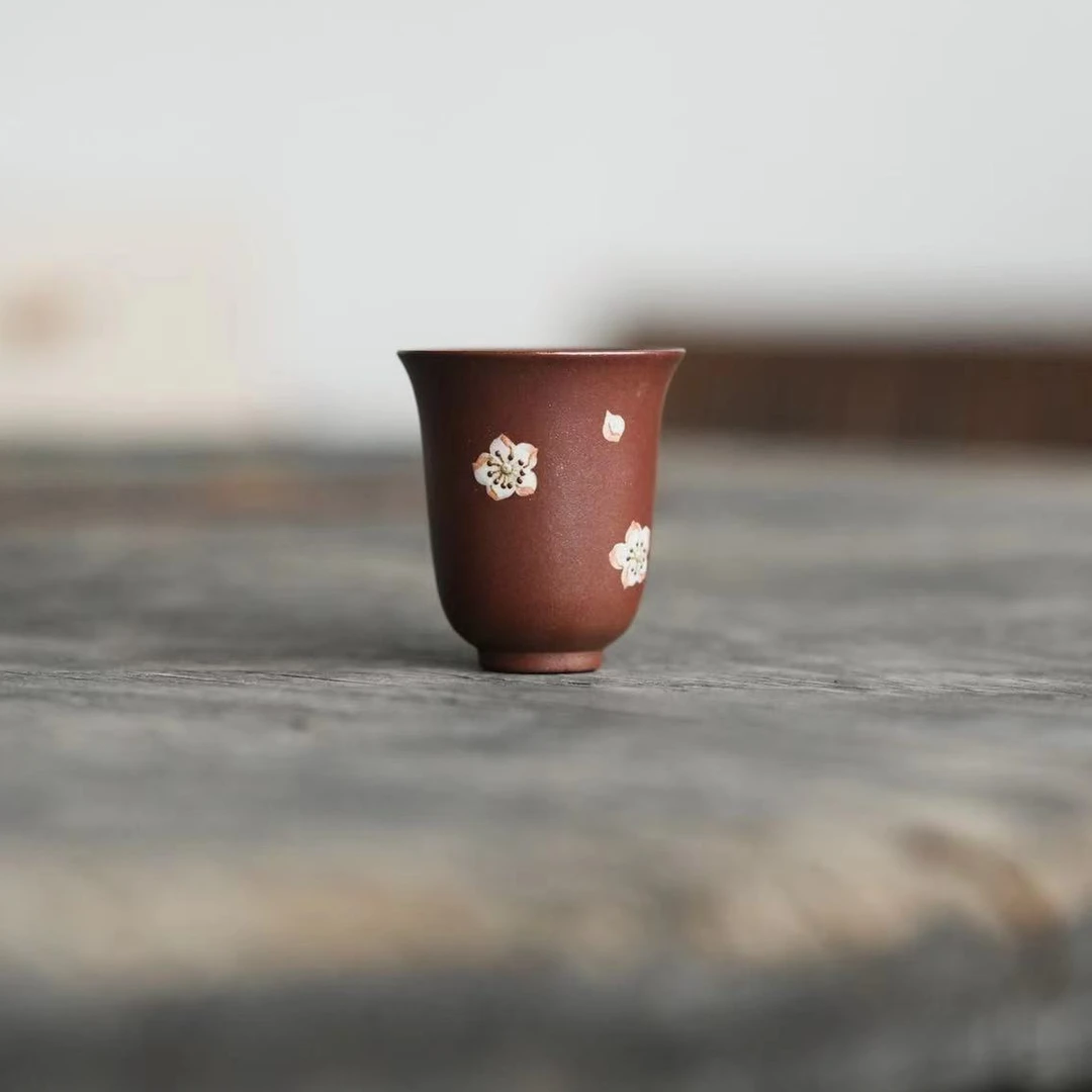 十七家【花瓣】50CC原矿朱泥柴烧纯手工制作闻香精工泥绘品茗小口杯