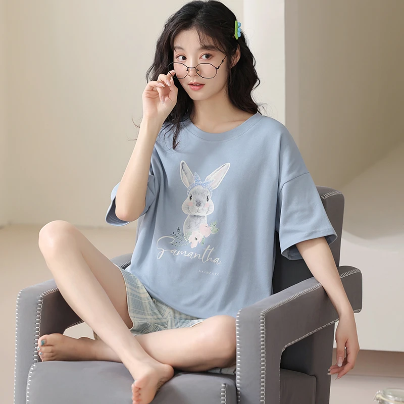 卡之恋睡衣女夏季蓝小兔胸垫短裤宽松休闲家居服套装