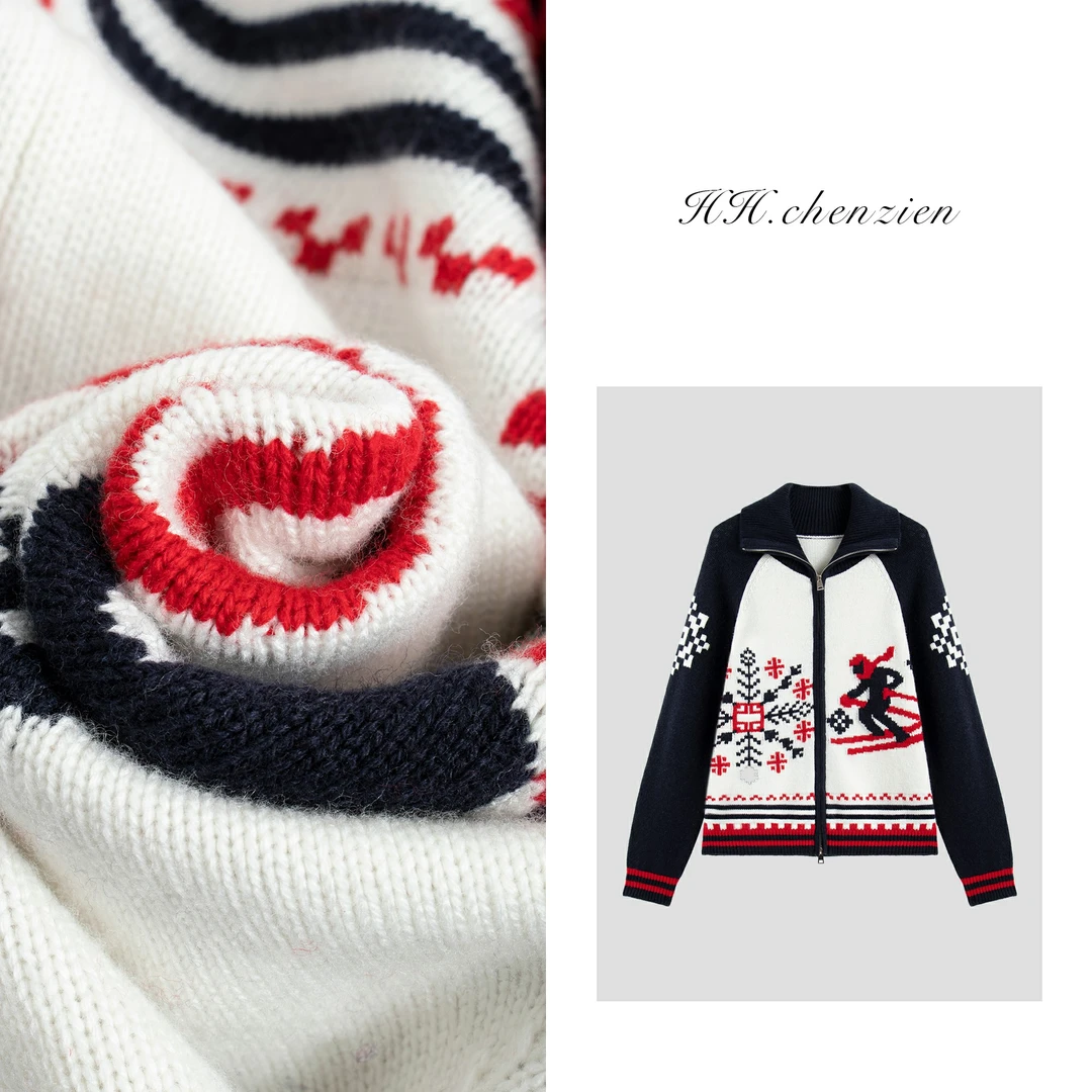 【黑黑家】冬季女款翻领拉链滑雪人设计印花图案针织衫开衫上衣