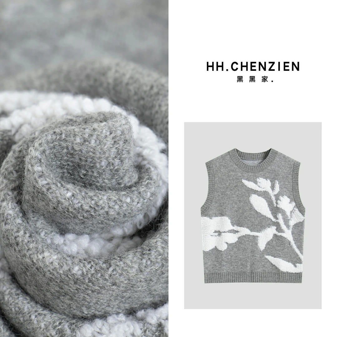 【黑黑家】 秋款女士重工提花树叶设计无袖针织上衣