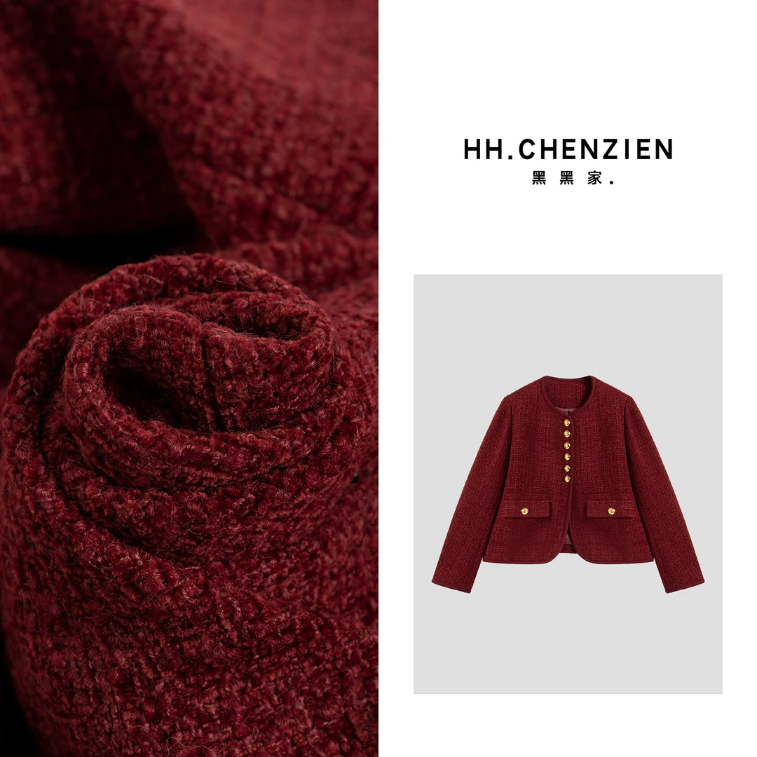 【黑黑家】冬新款小香风翻口袋圆领单排扣设计外套上衣