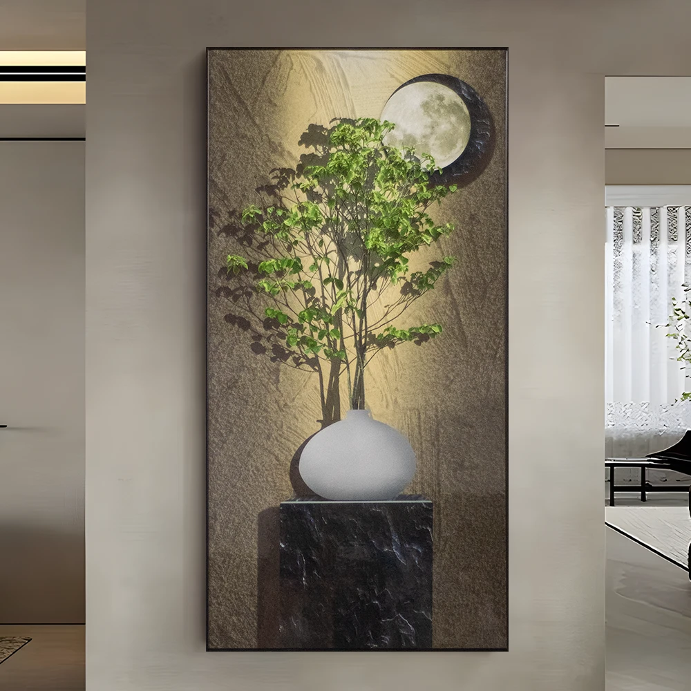 轻奢入户玄关晶瓷装饰画高级走廊过道玄关挂画平安如意绿植80160