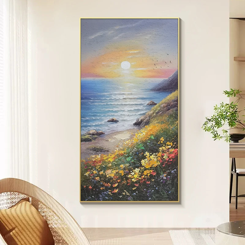 .砂岩厚油肌理画海上日出玄关走廊过道沙发背景墙装饰画海80160