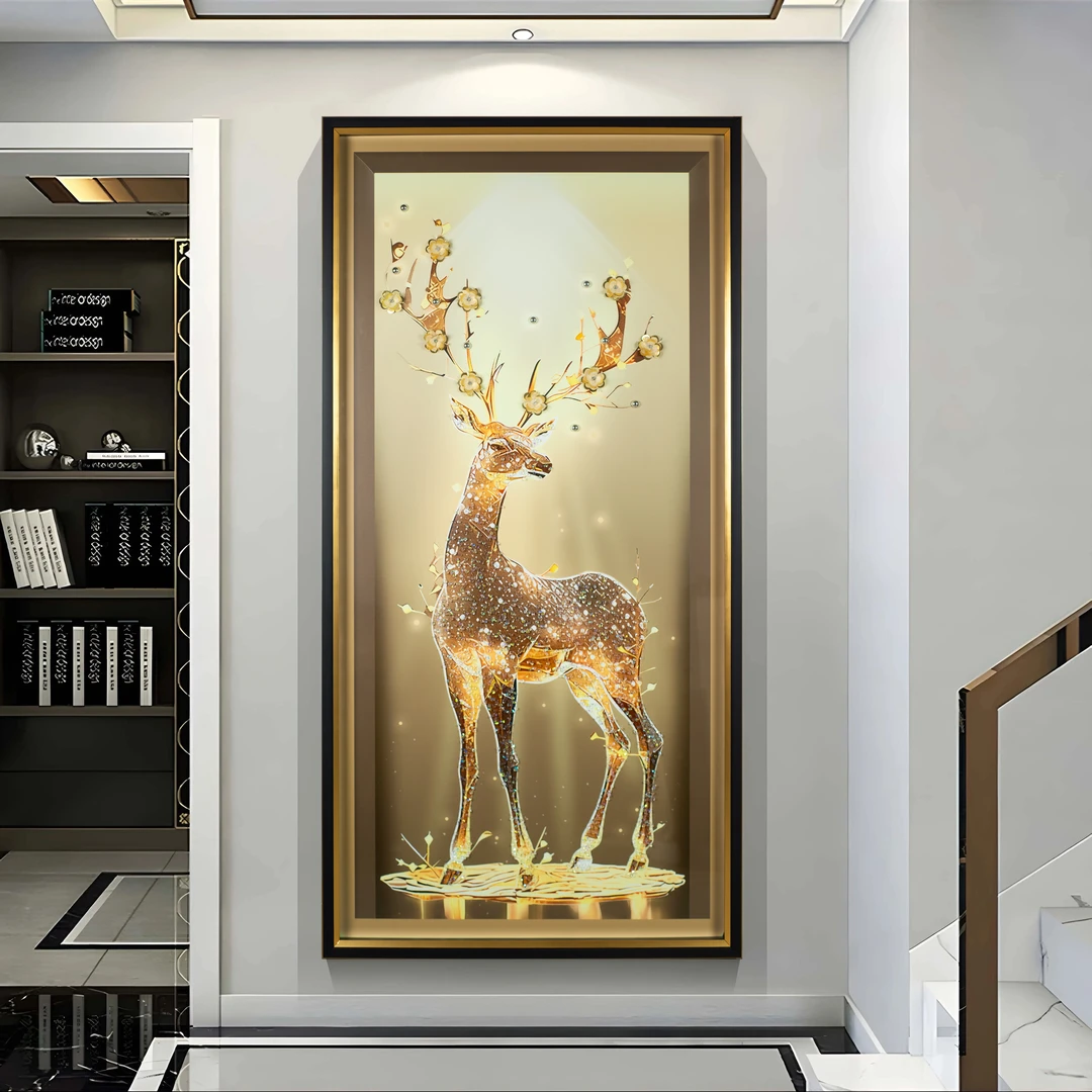 福鹿生财进门晶瓷镶钻装饰画走廊过道画灯大气入户挂画鹿80160
