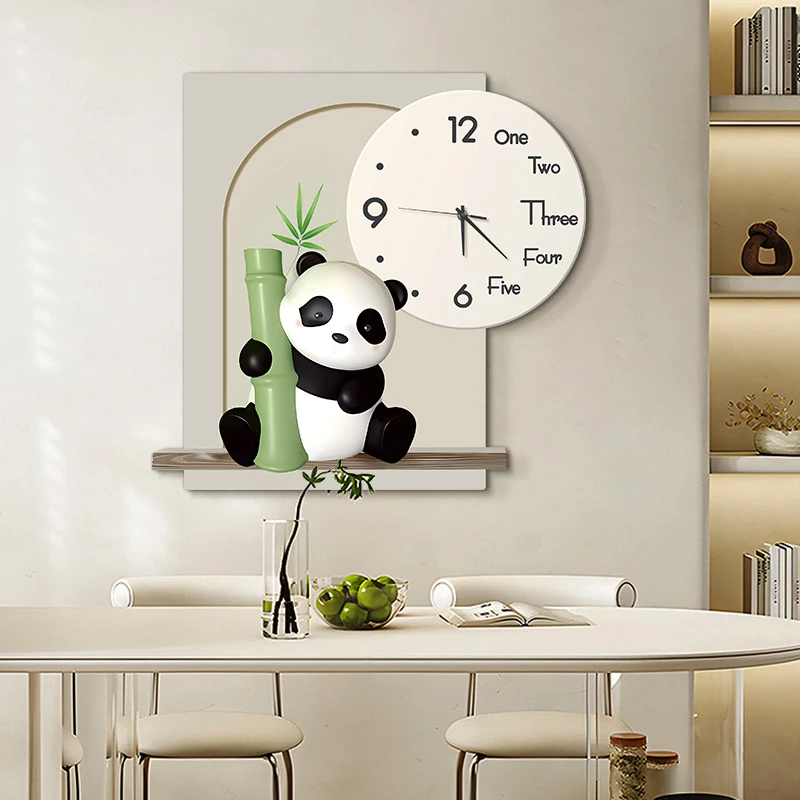 奶油风餐厅装饰画钟表装饰画竹子熊猫挂表可爱画熊猫7070