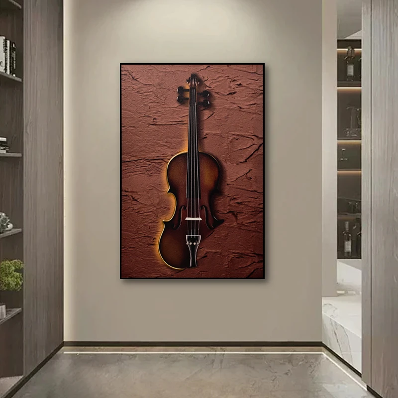 现代乐室布置挂画 复古小众手工岩板入户玄关装饰画小提琴80120