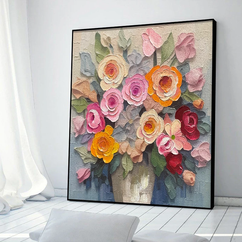 砂岩厚油肌理画走廊过道客厅现代简铝合金边框单幅中国风花8080