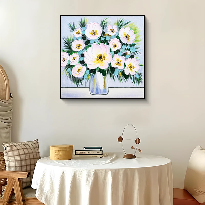 手绘花卉油画餐厅装饰画 法式客厅挂画立体肌理简约油画花瓶8080